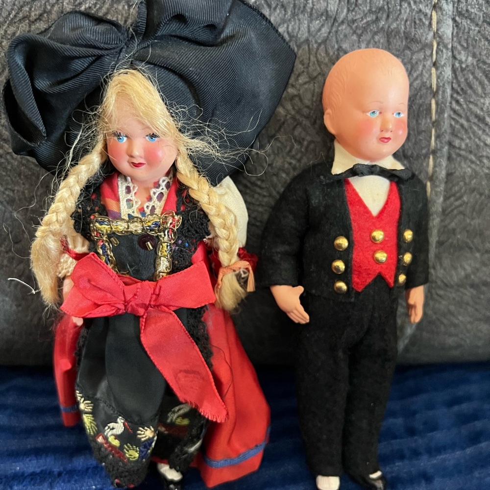 Vintage Doll Pair with Red and Black Outfits